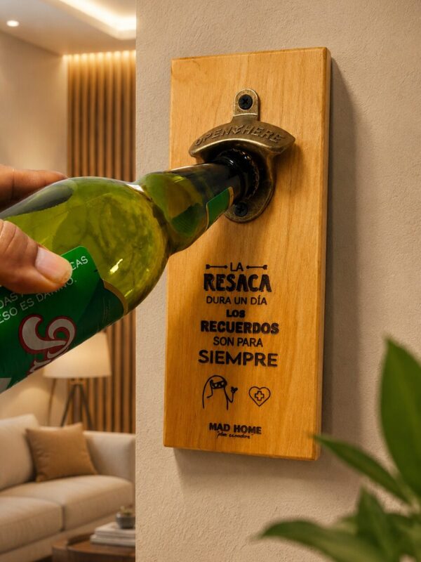DESTAPA CHELAS Pared | Destapador Chelero de Madera con Fijación Adhesiva, Atrapa Chapas Personalizable